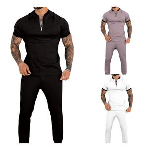 Fashion Solid Color Casual Tracks Peits voor mannen korte mouw slanke fit zipper revers Polo's T-shirt en sportpant 2-delige polosets