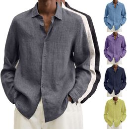 Mode couleur unie chemises hommes coton lin printemps loisirs boutonné Cardigans hommes vêtements décontracté ample à manches longues chemise hauts