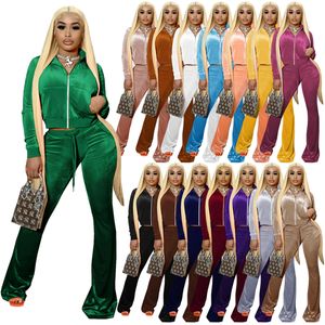 Mode Solid Color Velvet Tracksuits voor dames Navel Cardigan Zipper Hapleed Tops en Flaar La Vared Pants Two Pally Sets HR8191