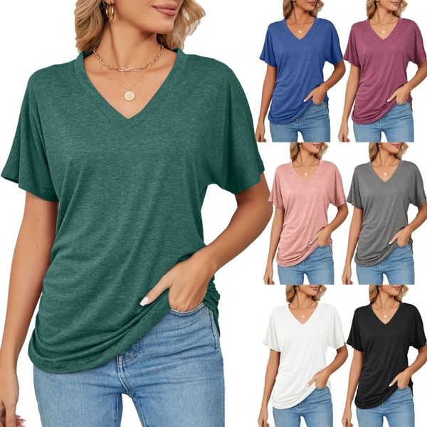 Moda color sólido para mujer ropa de diseñador camiseta de manga corta camiseta casual con cuello en v trabajo tops más el tamaño S-XXL