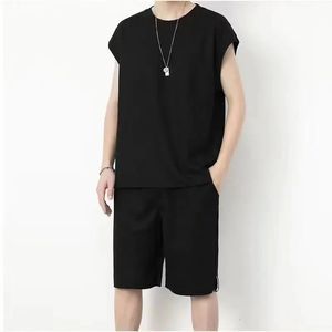 Fashion Solid Waffle Casual Mens Summer Thin Twopiece Sets Korean Slim Vest Shorts Turns Ice Silk Sans de basket-ball sans manches 240518