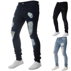 Mode Effen Witte Jeans Mannen Sexy Gescheurd Gat Nood Gewassen Skinny Jeans Mannelijke Toevallige Bovenkleding Hip Hop Broek 2020290A