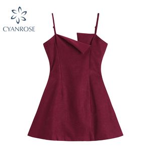 Mode Spaghetti Sangle Crop Robe Femmes RedBlack Sans Manches Coréen Élégant Une Ligne Robes Chic Casual Bureau Dames Marée 210417