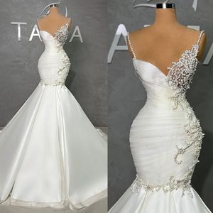 Moda correas espaguetis sirena vestidos de novia sexy cuello en V vestidos de novia por encargo perlas rebordear vestido vestido de novia