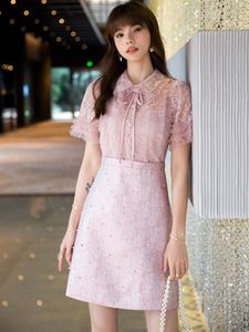 Vestido de empalme de moda para principios de otoño, vestido de encaje francés de gama alta, vestido de hada rosa con fragancia pequeña de lujo, vestido de celebridad 2023