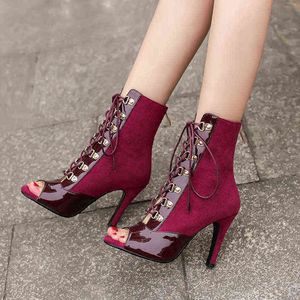 Fashion Spring Ankle Boots for Women Sexy Open Toe veter Up High Heel Party Shoes Ladies Faxu Suede Vrouw Korte 220421