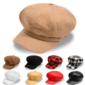 Boinas de lana a cuadros para mujer, gorros de cuero de estilo libre, con cúpula, accesorios de moda, primavera y otoño