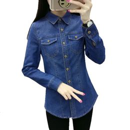 Mode printemps automne femmes coton poche col rabattu blouse à manches longues simple boutonnage bleu Denim chemise décontracté hauts 240102