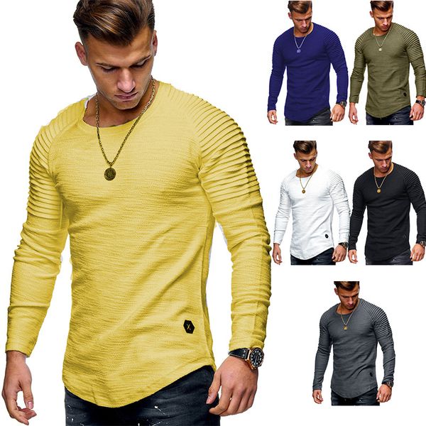 Moda Primavera Otoño Camiseta de manga larga para hombre Marea Diseño de hombro arrugado Cuello redondo Camiseta de manga larga Sólido