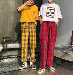 Mode-lente mode dames broek koreaanse versie ins harajuku stijl losse volledige lengte plaid midden taille streetwear wide poot broek y190430
