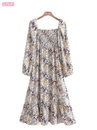 Mode Printemps À Manches Longues Col Carré Vintage Femmes Floral Imprimer Buste Élastique Robe À Volants Chic Femme Robes Midi 210507