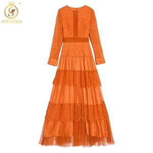 Mode lente oranje kant holle slanke maxi jurk dames lange mouw elegante temperament feestjurken 210520