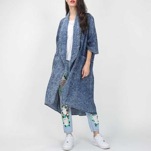 Mode lente zomer losse turn-down kraag denim jassen voor vrouwen onregelmatige lange jean jassen elegante all-match trench 210525