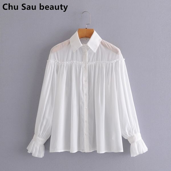 Mode Printemps Femmes Blanc Lâche Chemise Sexy Transparent Simple Boutonnage Blouses Femme Manches Évasées Tops 210508