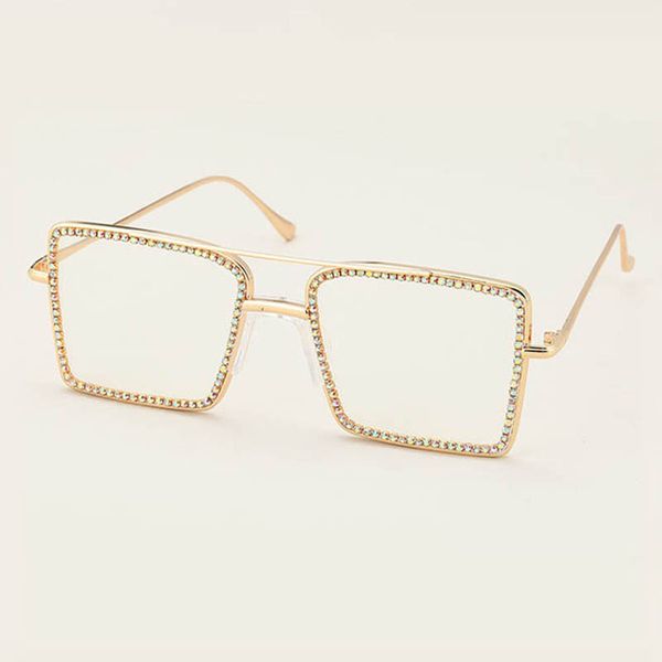 Monture de lunettes carrée à la mode avec strass complets miroir plat lunettes en métal anti-lumière bleue or et argent