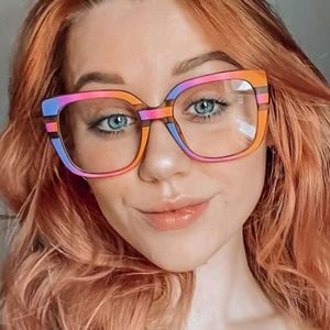 Women's Fashion Square Rainbow Optical Anti-Blue Glasses, Vintage Floral Computer Eyeglasses Frame, Red Wooden Rimless Spectacles for Work