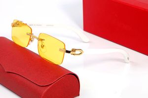 Lunettes de soleil carrées de mode Femmes Designer Luxe Homme et Femme Lunettes de soleil sans cadre Acrylique Lunettes de soleil Alliage Cadres en bois Lentille jaune UV Mloi