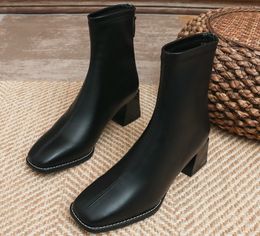 Fashion carrée orteil de la cheville bottines automne d'hiver bottes Boots confortables talons bas dames chaussures élastiques bottes noir blanc
