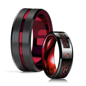 Bague de dragon celtique en acier inoxydable à la mode, incrustation de zircon, fibre de carbone rouge, bracelet de mariage pour hommes Dhgarden Otxuo