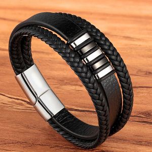 Mode rvs charme magnetische zwarte mannen armband lederen echt gevlochten punk rock bangles sieraden accessoires vriend