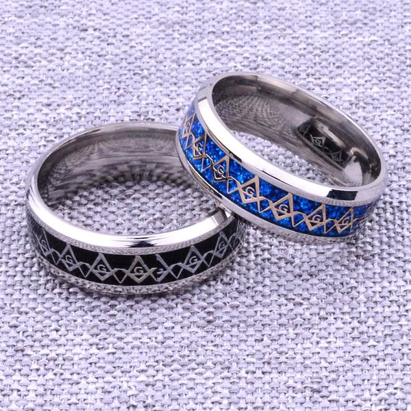 Moda de acero inoxidable Free Mason Masonic Rings Freemasonry Fraternal Association anillo redondo azul negro esmalte parejas Joya