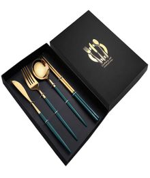 Mode roestvrij staal gouden bestek Flatlery Sets Black Luxury Dinware Kitchen Mirror Polishing Fork Lepels Knives Set 4pcs2549628