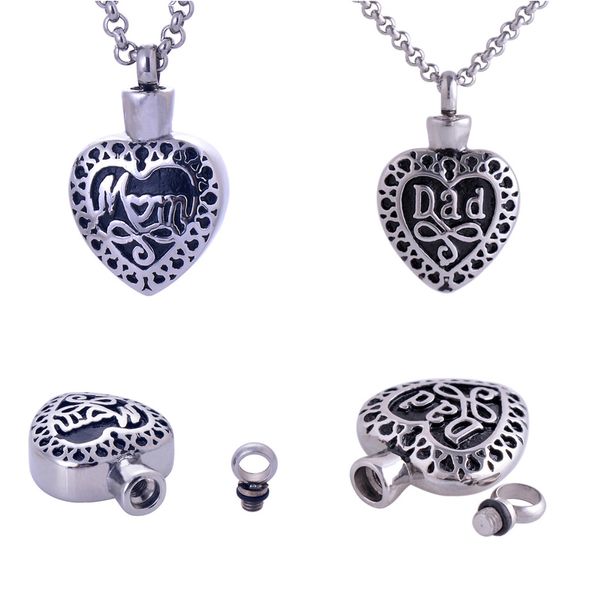 Mode Acier Inoxydable Maman Papa en Coeur Médaillon Pendentif Perle Chaînes Collier Urne Souvenir Bijoux Mémoriaux Funérailles Ouvrable Put Ash monument