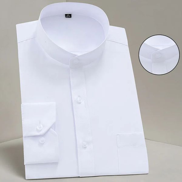 Mode col montant à manches longues coupe ajustée doux confortable robe sociale chemises hommes fête mariage mâle smoking blanc 240117
