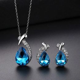 Ensemble de bijoux de déclaration de mode pour femmes, gouttes d'eau colorées, ensemble de boucles d'oreilles et collier en or blanc 14 carats, pendentif, ensemble de bijoux de mariage