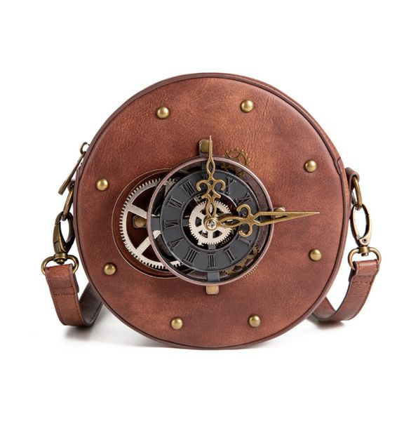 Bolso Steampunk de moda, reloj redondo Vintage, bolsos de hombro para mujer, bolsos cruzados informales de cuero PU para uso diario, recién llegados, bolso marrón