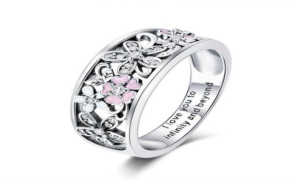 Fashion Sterling Silver 925 Sakura Cherry Blossom Rose Flower Ring Femmes Bijoux Taille69 Pour les cadeaux de Noël filles9478017