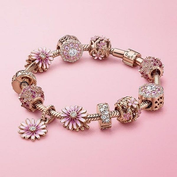 Mode en argent sterling or rose cristal jardin marguerite fleurs en verre de Murano perles de charme européennes en forme de cœur pour bracelets à breloques collier B8