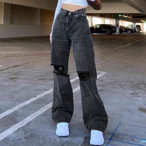 Moda recta rasgada Y2K Jeans para niñas Mujer Gris Vintage Denim Pantalones de cintura alta Pantalón Capri Streetwear 210415