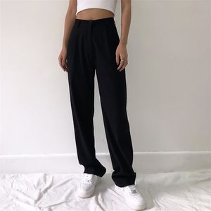 Mode Recht Pak Vrouwen Broek Hoge Taille Casual Kantoor Dame Volledige Lengte Wijde Pijpen Losse Vrouwelijke Zwarte Moeder Broek 220226