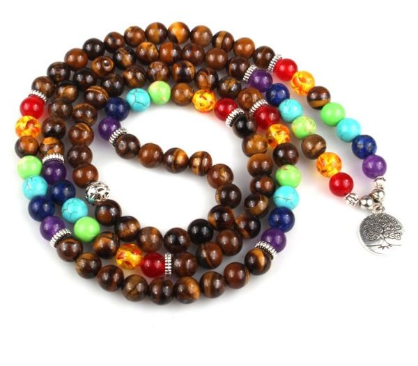 Hilos de moda Piedra natural Tigre amarillo ojo de color verde helado Blue rosa loto vida buda om ojo chakra reiki agata onyx pulsera de yoga collar