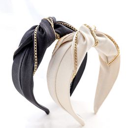 Mode Straat Meisjes Hoofdband Vrouwen Zachte Doek Haarband Goud Legering Ketting Hoofddeksels Breed Zij Solid Head Band Herfst Haaraccessoires