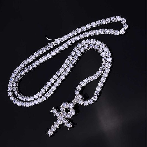 Mode rue Hip Hop bijoux pour hommes femmes luxe glacé Zircon 4mm chaîne de Tennis egypte diamant Ankh croix pendentif collier