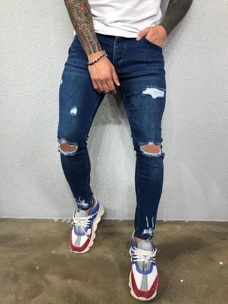 Fashion Street Style Knee Ripped Skinny Jeans Hommes Vintage Lavage Solid Denim Pantalon Mens Casual Slim Jogging Pantals Vêtements 240417