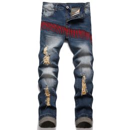 Moda Street Style Ripped Hole Jeans para hombres Pantalones de mezclilla bordados vintage Pantalones elásticos delgados ocasionales Pantalones de cintura media Para Hombre Vaqueros
