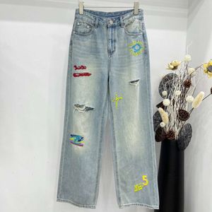 Mode streetwear designer jeans vrouwen brede hoge taille zakken met borduurpatroon losse dunnere damesjeans