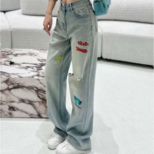 Mode streetwear designer jeans vrouwen brede hoge taille zakken met borduurpatroon losse dunnere damesjeans