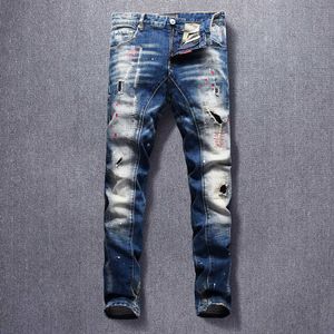 Mode Streetwear hommes jean rétro bleu élastique coupe ajustée déchiré Denim pantalon broderie Patchwork épissé Hip Hop Biker pantalon