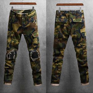 Mode Streetwear hommes jean coupe ajustée Camouflage chemins concepteur déchiré Denim Punk pantalon grande poche Hip Hop Cargo pantalon Homme