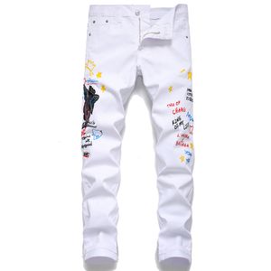 Mode streetwear mannen jeans witte kleur verf gedrukt jeans mannen ontwerper hiphop broek slanke fit elastische punk stijl potlood broek