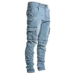 Mode streetwear gescheurde skinny jeans heren zijkant mulit zakken denim vrachtbroek slank fit pantalones hombre zachte elastische joggers 240420