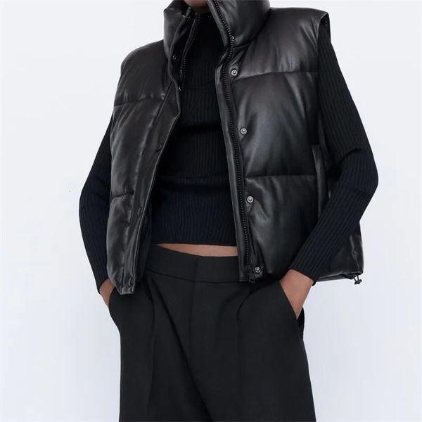 Mode Streetwear femmes gilet bouffant hiver épais Parkas veste noir PU femme manteaux Faux cuir vers le bas gilet lâche dame 240115