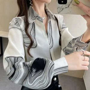 Mode Gestreepte Chiffon Blouses Vrouwen 2022 Elegante Revers Lantaarn Mouw Tops Dames Losse Knopen Kantoor