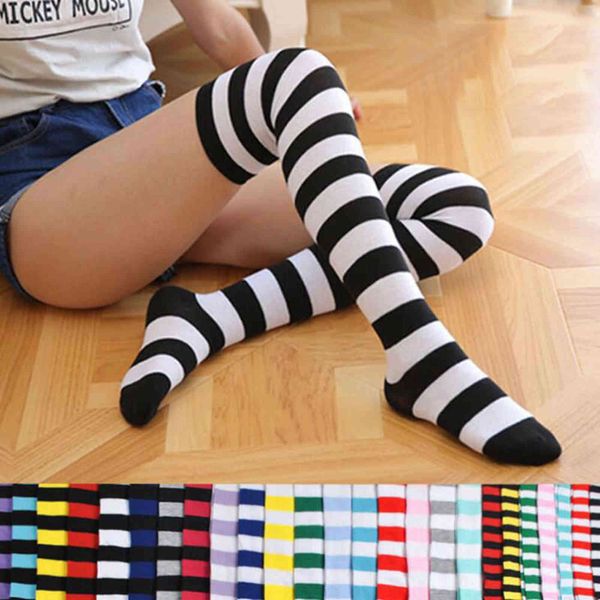 Chaussettes de genou rayées de mode chaussettes longues en coton sexy femmes bas longs chauds plus la taille chaussettes hautes de cuisse pour dames fille Y1119