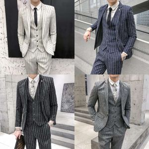 Fashion Striped Korean Slim Fit 2-PieCes Blazers+Pant Casual Tuxedo Wedding Men Suits Bruidegom Suit herenbedrijf 201105's
