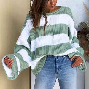 Mode Gestreepte Losse Dames Trui Trui Vrouwen Herfst Winter Collectie Groene Jumpers Gebreide truien Dames Trek Femme 210514